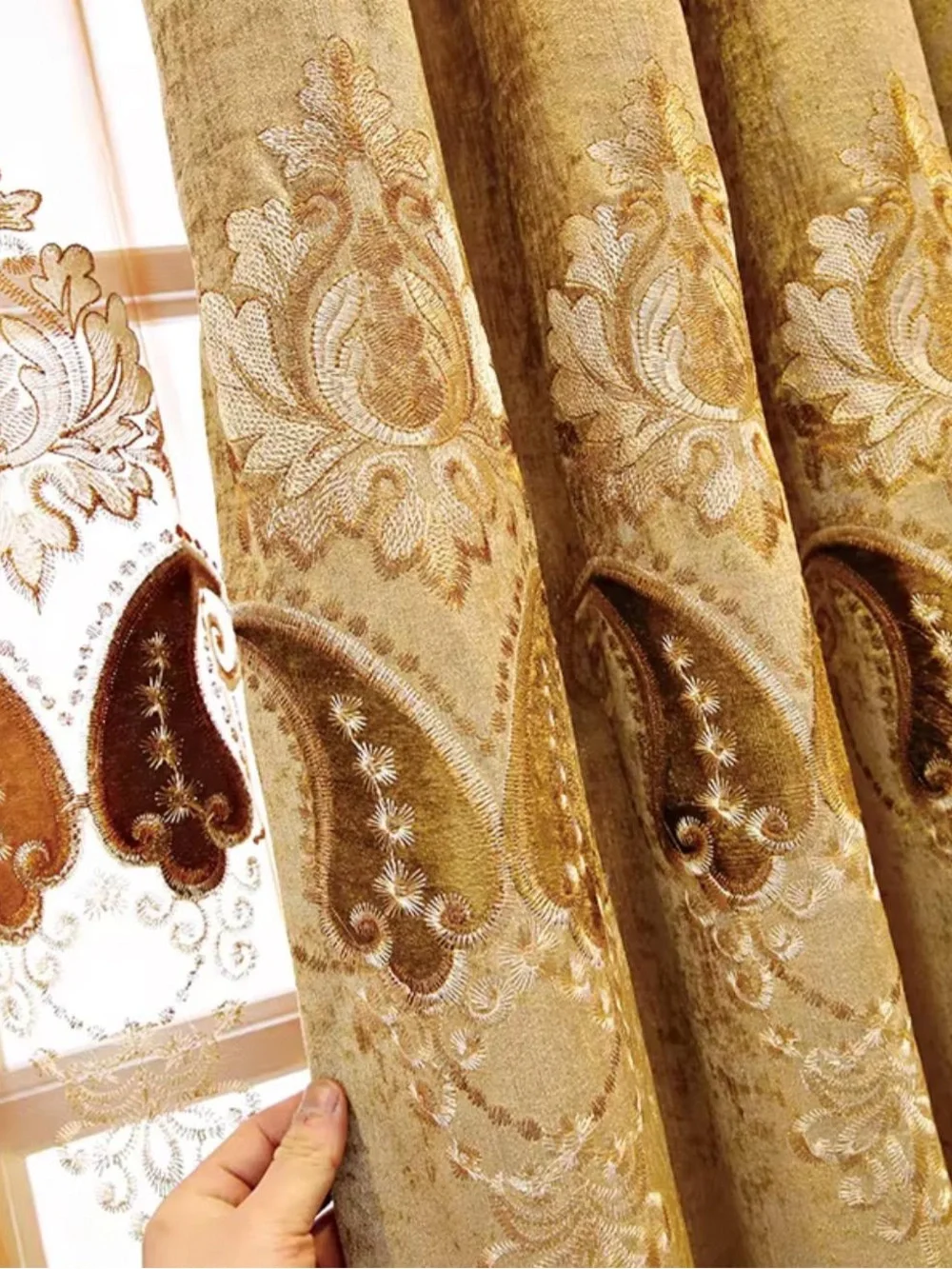 European Luxury Gold Embroidered 3-Piece Curtain Set